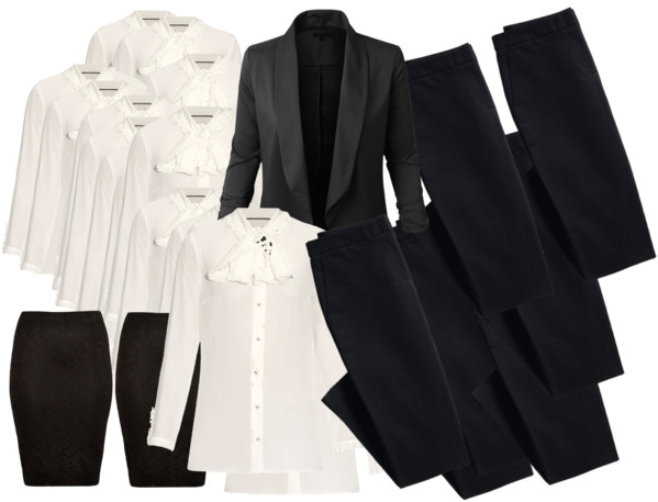 čierno biela uniforma, pracovný dress code, uniforma